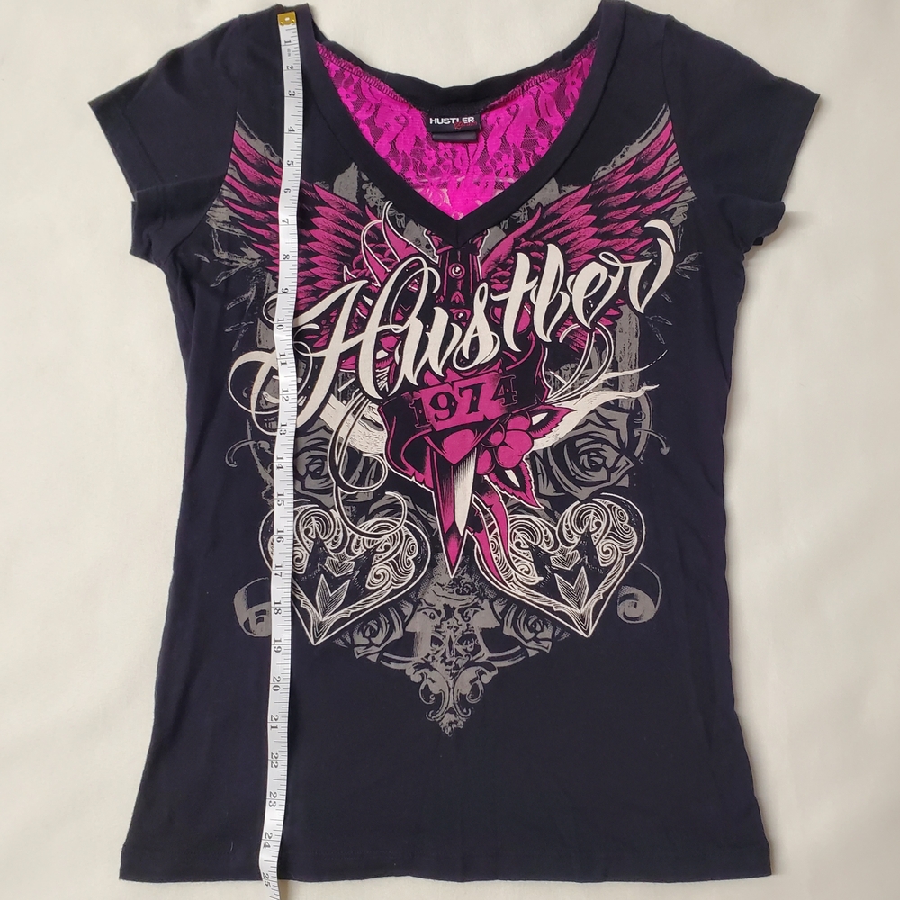 Hustler Honey M Vintage Y2K Black/Hot Pink Lace Punk Wing T-Shirt - Picture 4 of 5